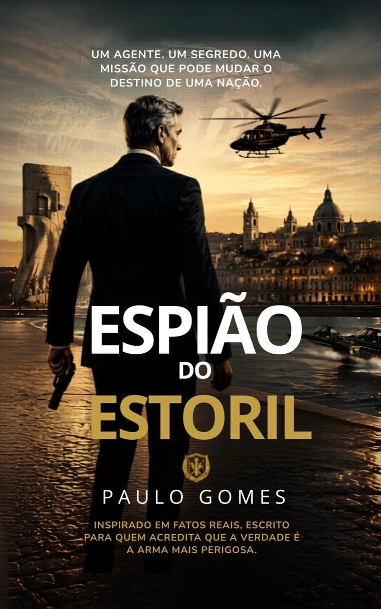 Capa de «O Espião do Estoril», de Paulo Gomes: um agente de fato escuro, de costas, junto ao Padrão dos Descobrimentos, com Lisboa ao entardecer.